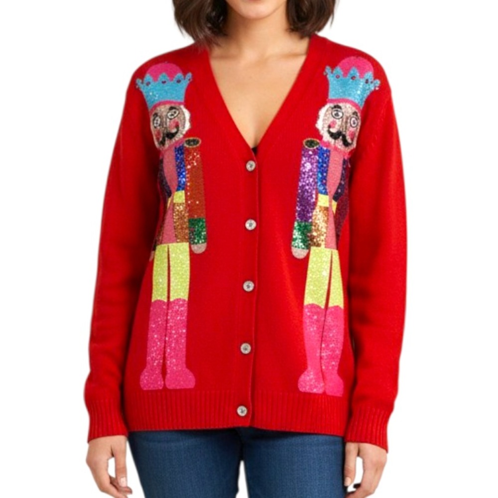QUEEN OF SPARKLES Red Sweater Cardigan CHRISTMAS NUTCRACKER Neon Sequins SZ L